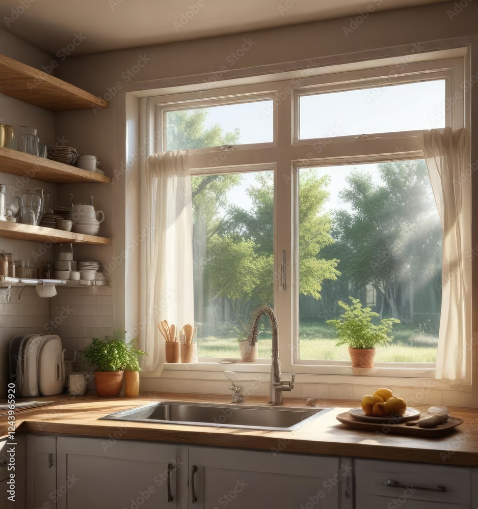 Fototapeta premium Kitchen window with open blinds and sunlight pouring in, natural light, open blinds, sunlit room