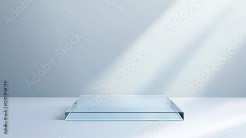 Glass podium minimal scene with glass geometric platform Backdrop illustration for advertising goods products museum expansions Simple light background photo