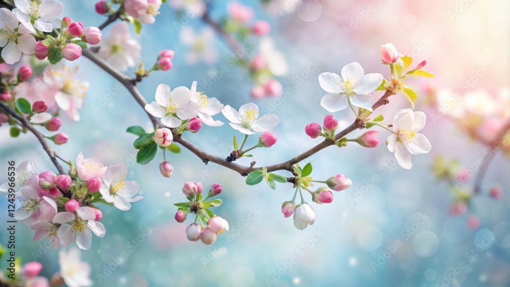 Delicate Spring Blossoms on a Branch with Soft, Pastel Background Delicate Spring Blossoms on a Branch with Soft, Pastel Background