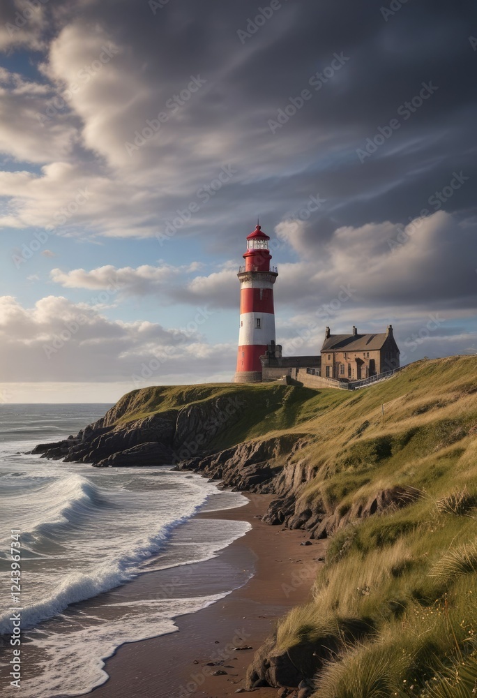 Lighthouse on the Northumberland coast near Bamburgh, historic lighthouses, rocky shoreline Lighthouse on the Northumberland coast near Bamburgh, historic lighthouses, rocky shoreline