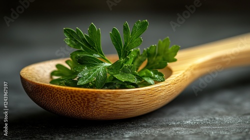 Fresh Parsley Sprig in Wooden Spoon on Dark Stone photo