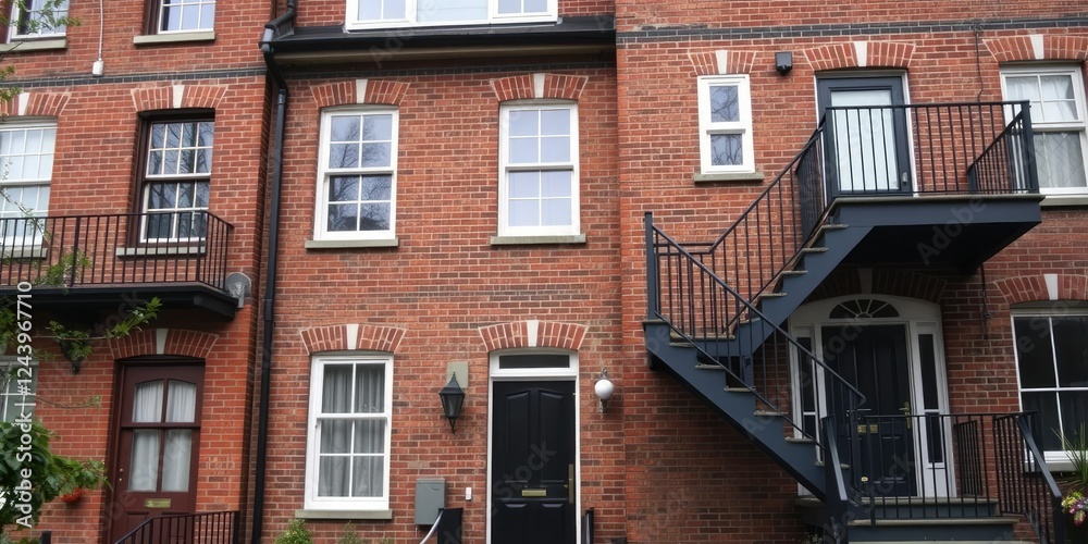 Obraz premium London Style Brick Residence with Staircase and Balcony, elegant, london style, decorative