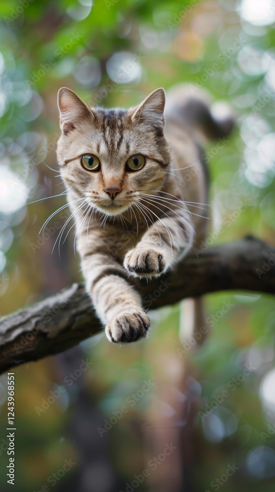 Front view of a cat jumping from a branch in the park. Front view of a cat jumping from a branch in the park.