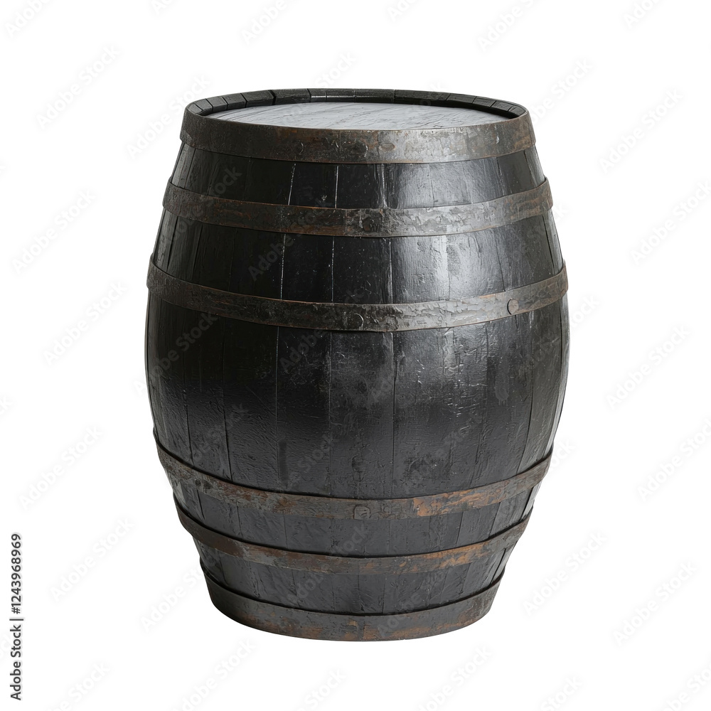 Fototapeta premium Black wooden barrel with metal bands, isolated on a white background, suitable for rustic decor or beverage storage