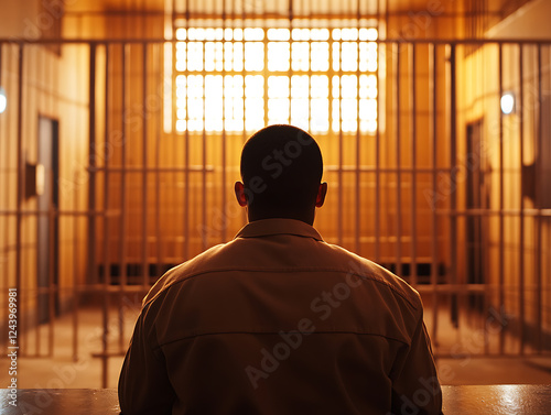 Portrait of prisoner man on jail background photo