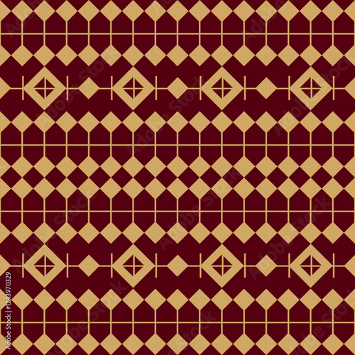 Elegant geometric pattern featuring chocolate brown and golden diamonds. Traditional Thai-inspired design with symmetrical motifs and decorative medallions