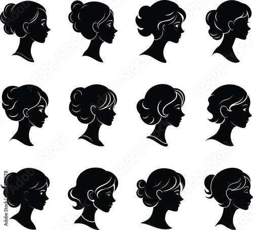 Black and white cameo silhouette design collection with female head and face. Set of cameo art collection for locket, ornament, design, print and web icon.