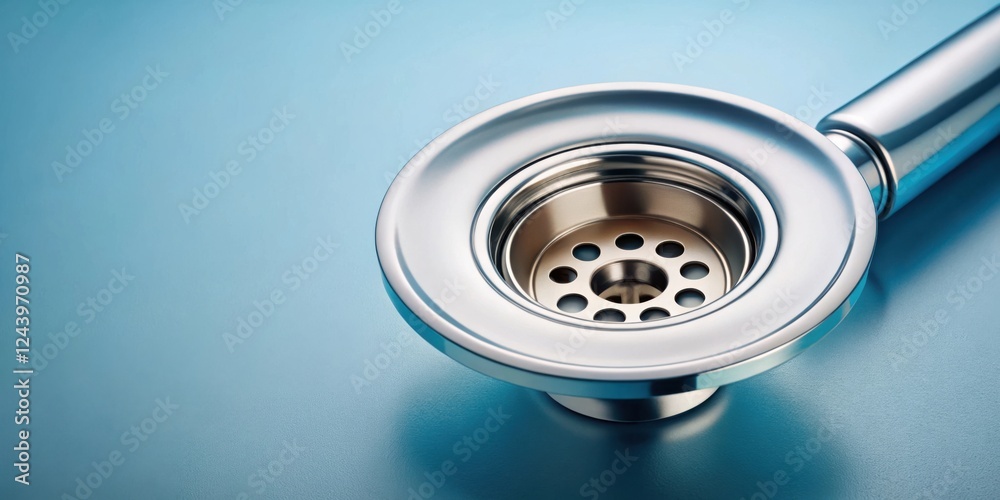 Close-up of a gleaming metallic sink drain with a perforated inner strainer Close-up of a gleaming metallic sink drain with a perforated inner strainer