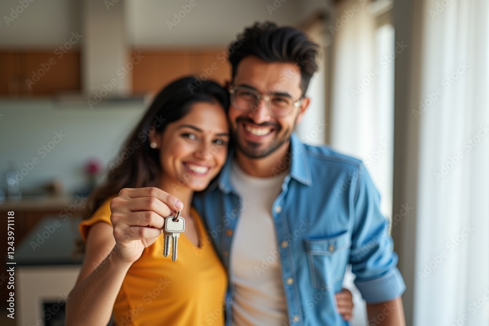 Naklejka premium Cheerful Young Couple Holding House Keys in Bright, Modern Kitchen Celebrating New Home Ownership in a Welcoming Atmosphere