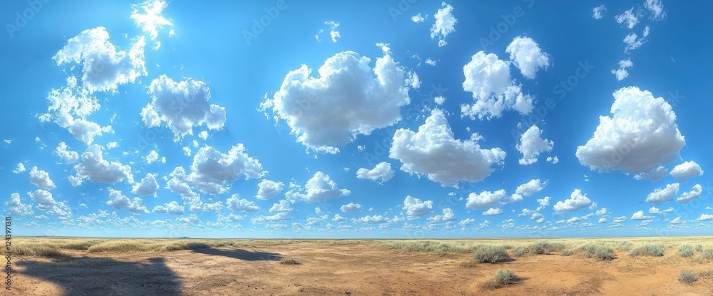 Bright Sunny Day in Arid Landscape with Fluffy White Clouds and Blue Sky
