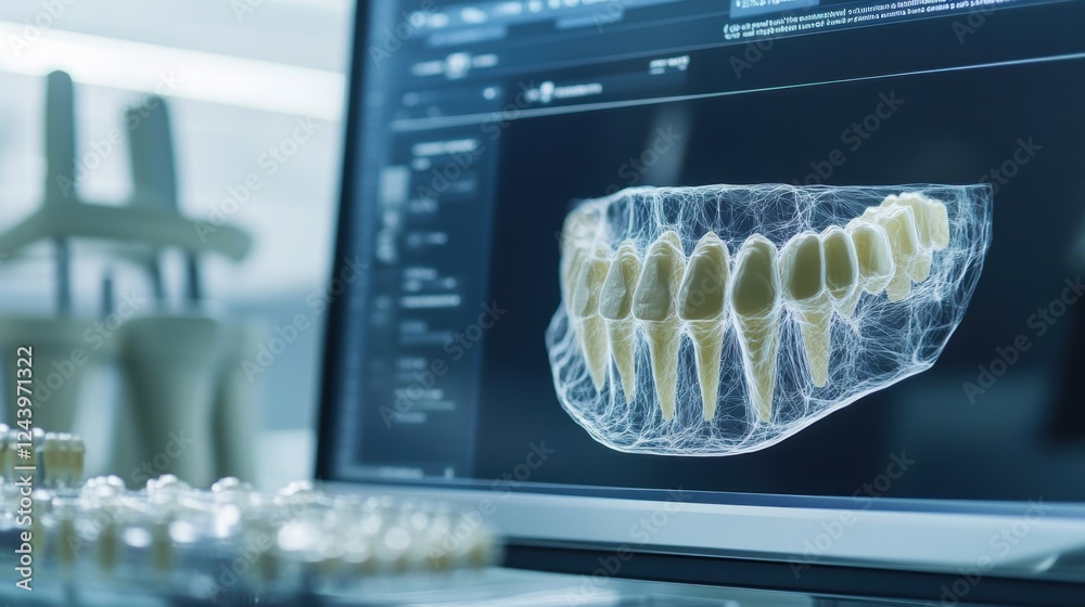 A closeup of a digital 3D model of a dental implant displayed on a computer screen illustrating the design phase of bioprinting. The detailed model outlines various anatomical features A closeup of a digital 3D model of a dental implant displayed on a computer screen illustrating the design phase of bioprinting. The detailed model outlines various anatomical features