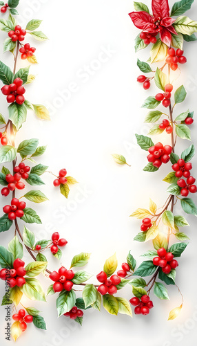 Seamless Festive Christmas Garland with Watercolor Holly, smooth light. with white shades