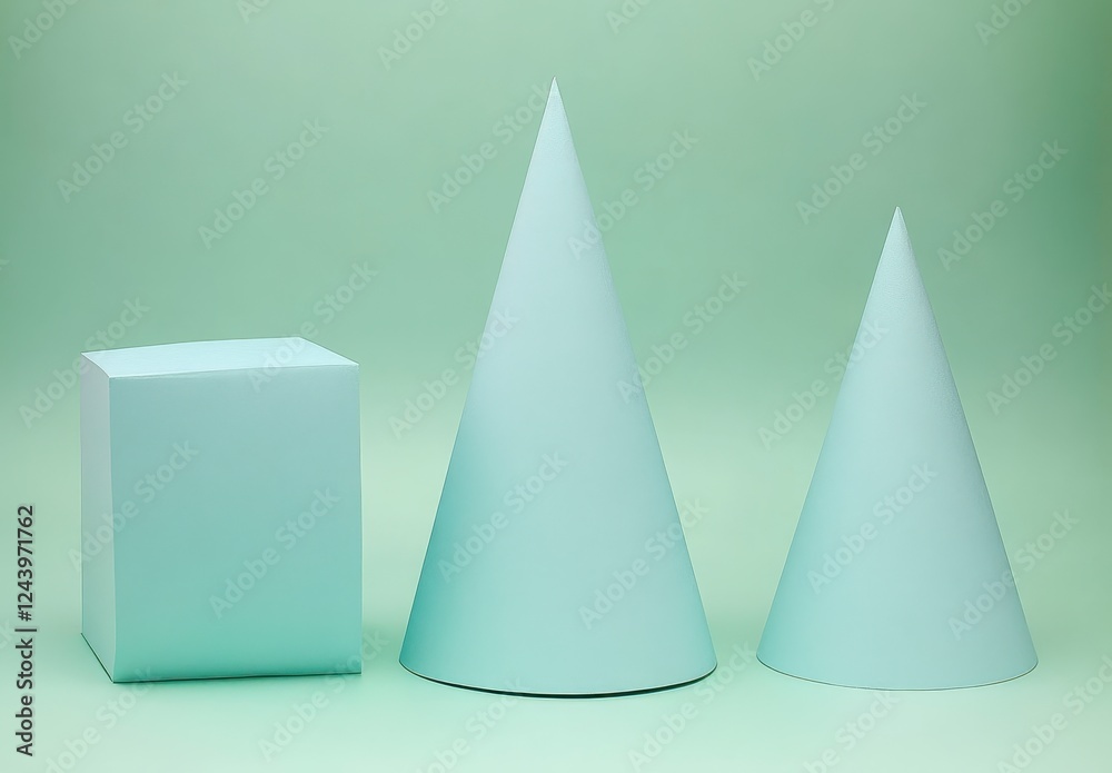 Light blue cube and two cones on a pale green background. Simple geometric shapes, minimalist aesthetic Light blue cube and two cones on a pale green background. Simple geometric shapes, minimalist aesthetic