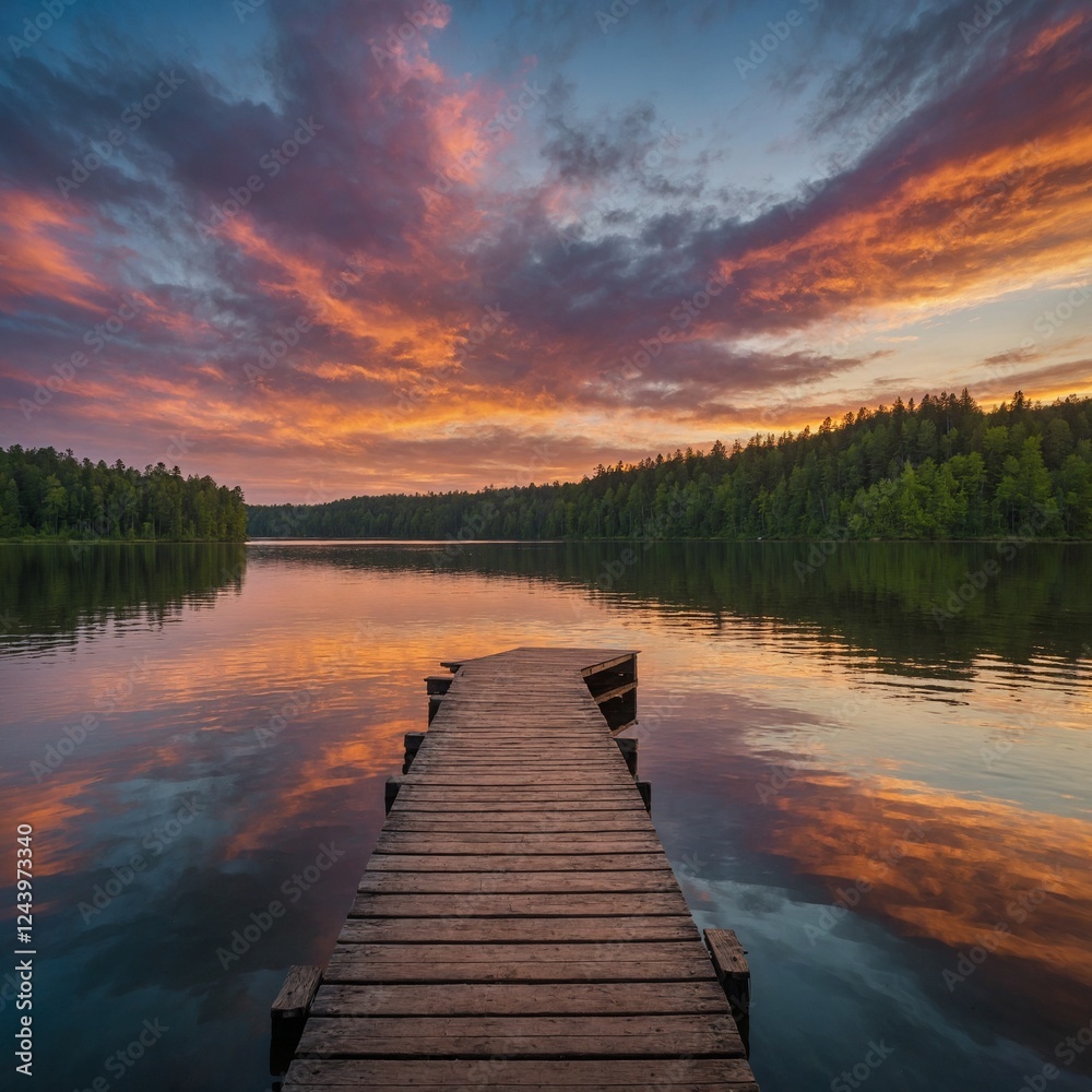 Obraz premium Serene Lakeside Reflection – A calm lake surrounded by lush forests, reflecting the vibrant colors of a sunset sky, with a wooden dock extending into the water.