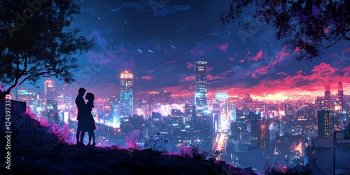 Romantic couple silhouetted against a dazzling cityscape with neon-lit buildings and a magical night sky