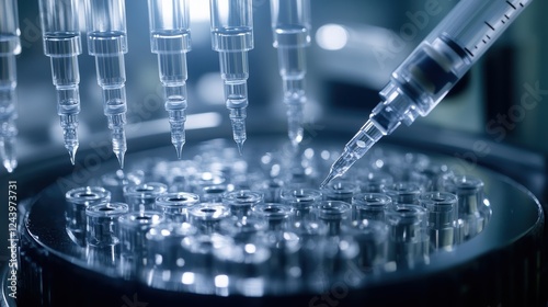 An intricate arrangement of syringes and micropumps used for precise reagent delivery in nanoparticle synthesis with droplets being carefully dispensed into a mixing chamber highlighting photo