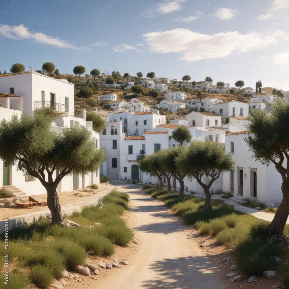 Olive trees and white buildings in a Mediterranean village, sea view, hilltop village, whitewashed houses Olive trees and white buildings in a Mediterranean village, sea view, hilltop village, whitewashed houses