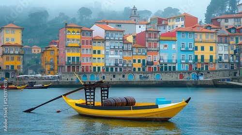 A serene waterfront with colorful buildings and a yellow boat, enveloped in mist for a dreamy, cozy vibe.