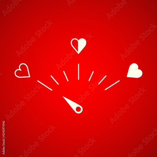 Love meter in speedometer design, vector illustration with low score on the red background