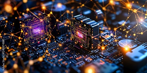 Networked processors glow, circuit board background photo