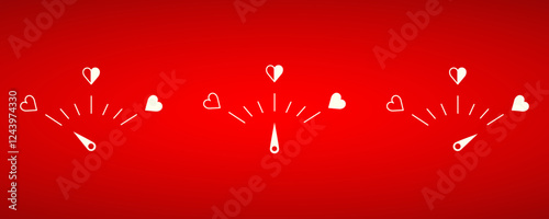 Love meter in speedometer design, set of vector illustration with low, mid and high score on the red background