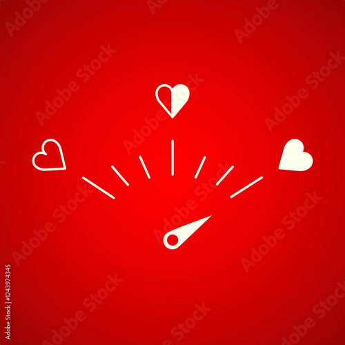 Love meter in speedometer design, vector illustration with high score on the red background