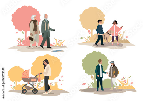 People of different ages and nationalities walk in the autumn park. Families with children, elderly and young couples, friends spend time together. Set vector horizontal illustration.