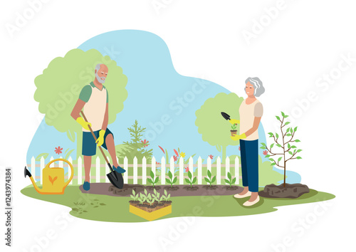 Happy people planting seedlings in their garden. Healthy lifestyle. Agricultural work. Vector illustration.