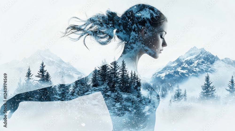 Fototapeta premium A serene silhouette of a woman blends with a winter landscape, showcasing a harmony between nature and human form.
