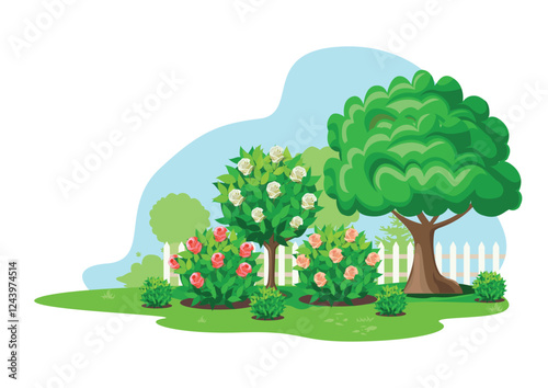 Cute garden with tree, white fence, garden path, rose bushes and ornamental plants. Flower garden in the front yard. Vector illustration.