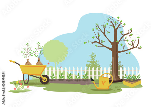 Spring garden with tree, planted seedlings and yellow wheelbarrow with young tree seedlings. Agriculture. Vector illustration spot.