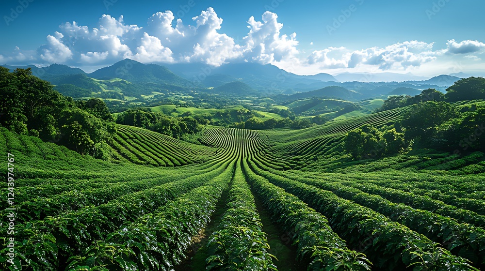 Lush green coffee plantation rows, mountain backdrop, sunny day, agricultural landscape Lush green coffee plantation rows, mountain backdrop, sunny day, agricultural landscape