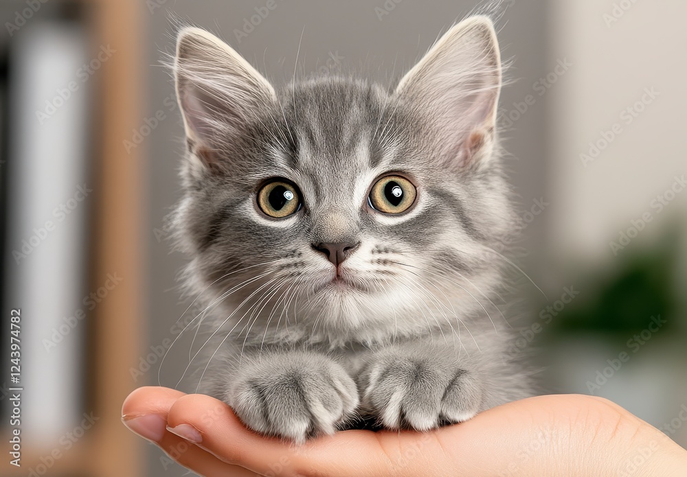 Obraz premium Adorable Gray Kitten On Hand With Sparkling Effect