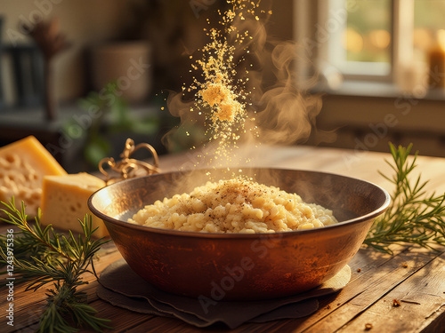 professional advertisement food photography: A bowl of risotto with cheese and herbs on a wooden table. photo