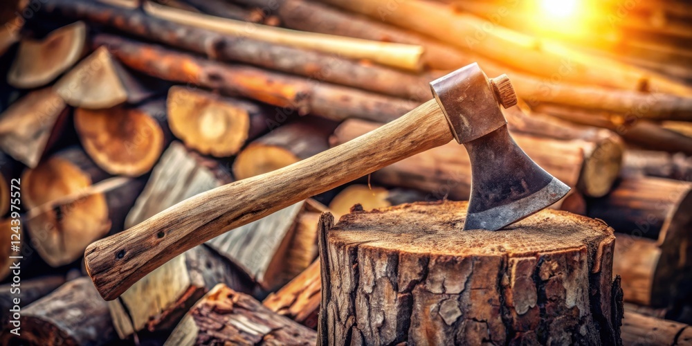 Rustic Axe Embedded in a Wood Stump Amidst a Pile of Logs Rustic Axe Embedded in a Wood Stump Amidst a Pile of Logs