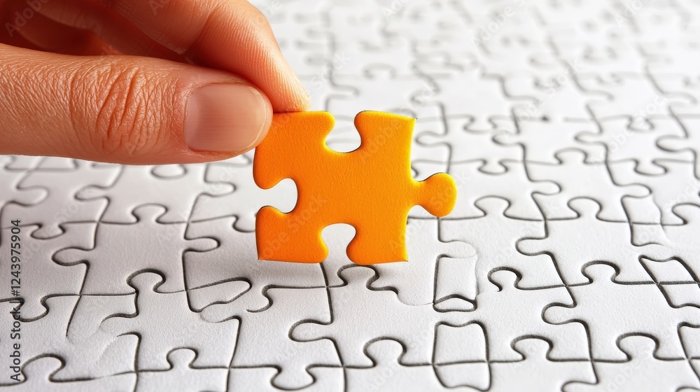 Hand Holding a Puzzle Piece with Precision Against a Background of White Puzzle Pieces Hand Holding a Puzzle Piece with Precision Against a Background of White Puzzle Pieces