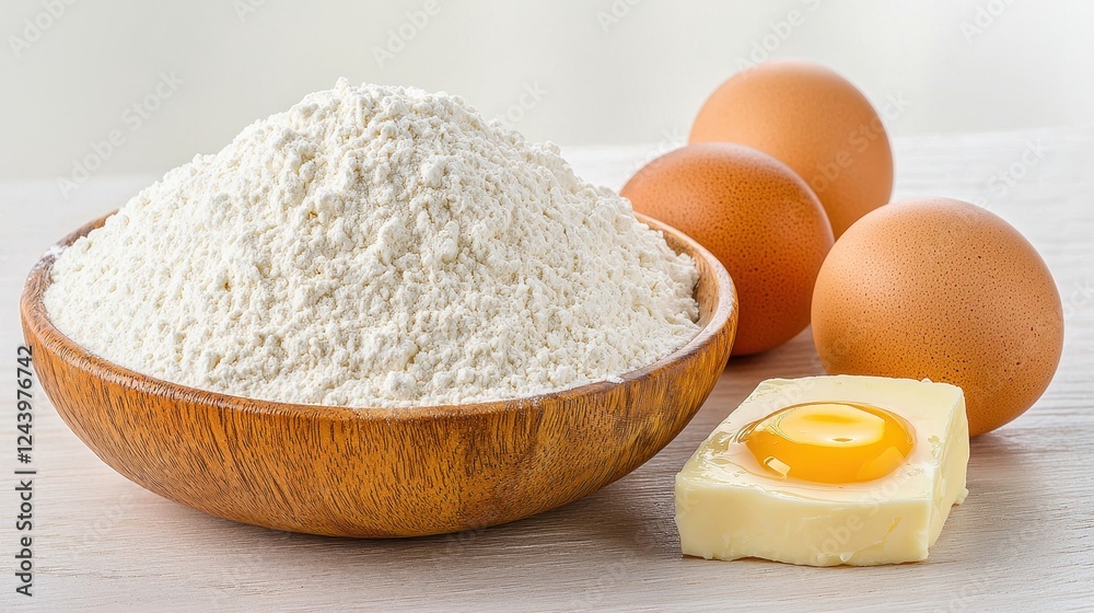 Fresh Ingredients for Baking with Flour, Eggs, and Butter on a Bright Wooden Surface Fresh Ingredients for Baking with Flour, Eggs, and Butter on a Bright Wooden Surface