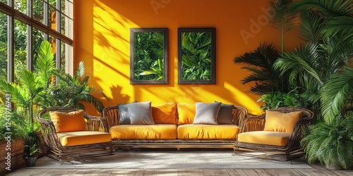 Wallpaper Mural Sunlit Tropical Living Room Interior Design with Orange Walls and Wicker Furniture Torontodigital.ca