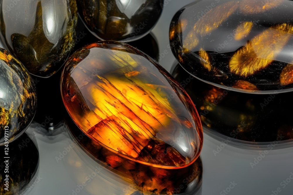 Polished Amber Stones Reflecting Warm Light on Glossy Surface Polished Amber Stones Reflecting Warm Light on Glossy Surface