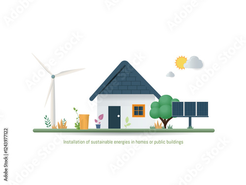 Illustration of a house with solar panels and wind turbine, representing the use of renewable energy and sustainability in buildings.