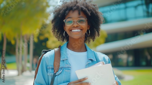 estudante usando oculos,, menina, negra com cabelo cacheado afro, usando jaqueta jeans,  segurando livros e cadernos. photo