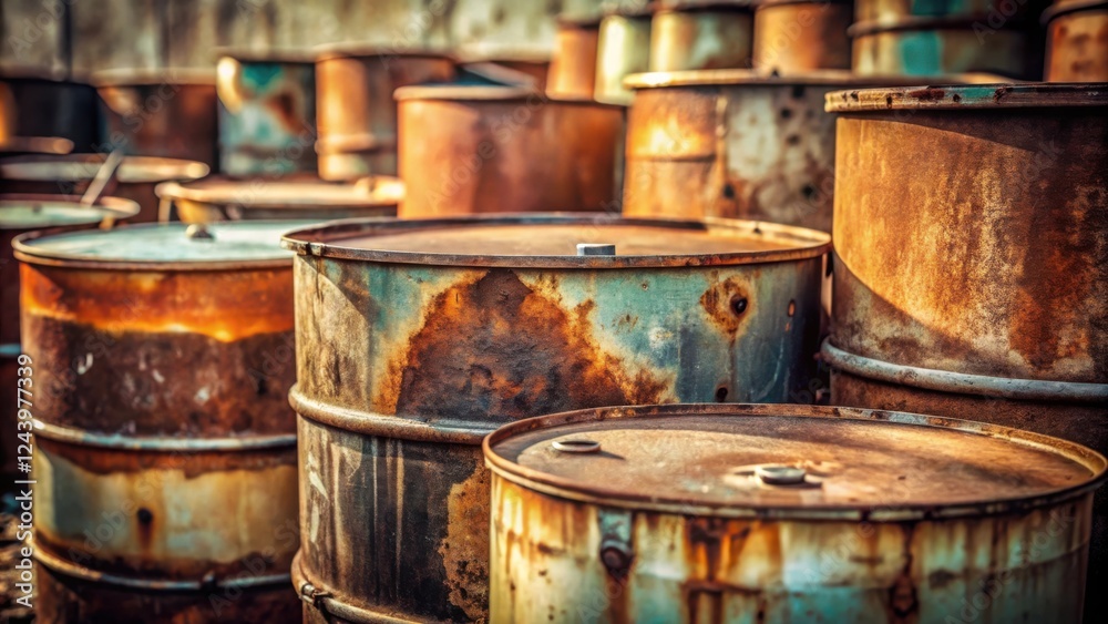 A Collection of Rusted Metal Barrels in a Decaying Industrial Setting A Collection of Rusted Metal Barrels in a Decaying Industrial Setting