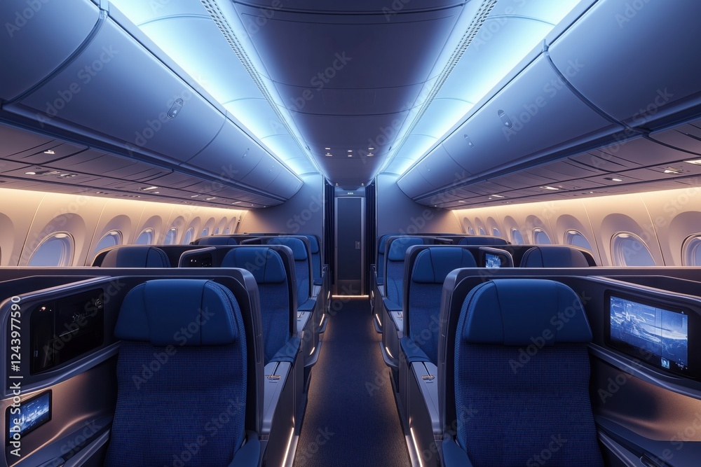 Modern and comfortable first class seats are waiting for passengers inside an empty airplane cabin, showing blue textile upholstery and ambient lighting Modern and comfortable first class seats are waiting for passengers inside an empty airplane cabin, showing blue textile upholstery and ambient lighting