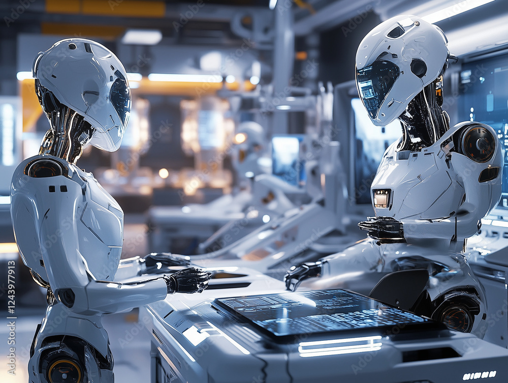 Fototapeta premium Futuristic Robots Engaging in Conversation