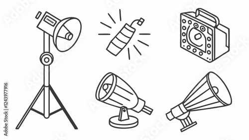 megaphone, cctv camera, video player, mike light icon