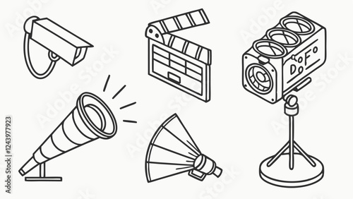 megaphone, cctv camera, video player, mike light icon