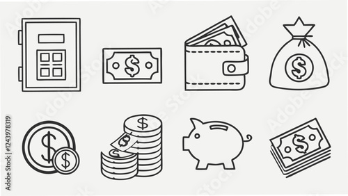 Money, budget, savings, loan, cash, earning, income, wallet, currency, dollar, card, coin, revenue, piggy bank, and profit icon set. 