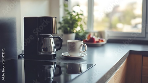 On the cooking countertop is a contemporary coffee maker with a cup