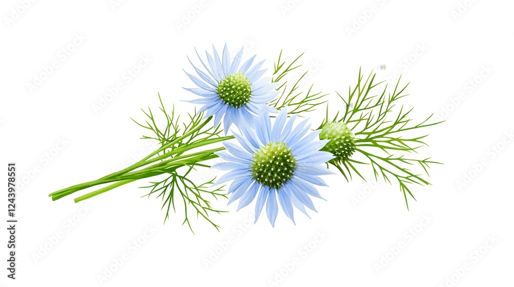 Delicate Blue Flowers with Green Stems and Foliage on White Background Delicate Blue Flowers with Green Stems and Foliage on White Background