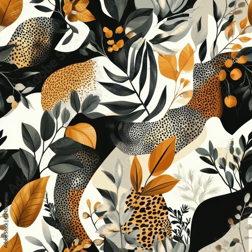 Abstract Nature Pattern with Leaves and Geometric Shapes in Bold Colors